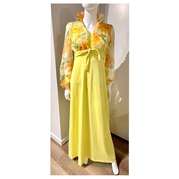 Vintage yellow maxi dress w/ cinched bust & matching sheer floral print jacket. - Picture 3 of 9